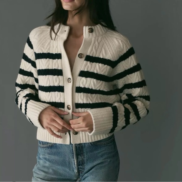 Doen Sweaters - Doen Cream and Navy Striped Knit Cardigan